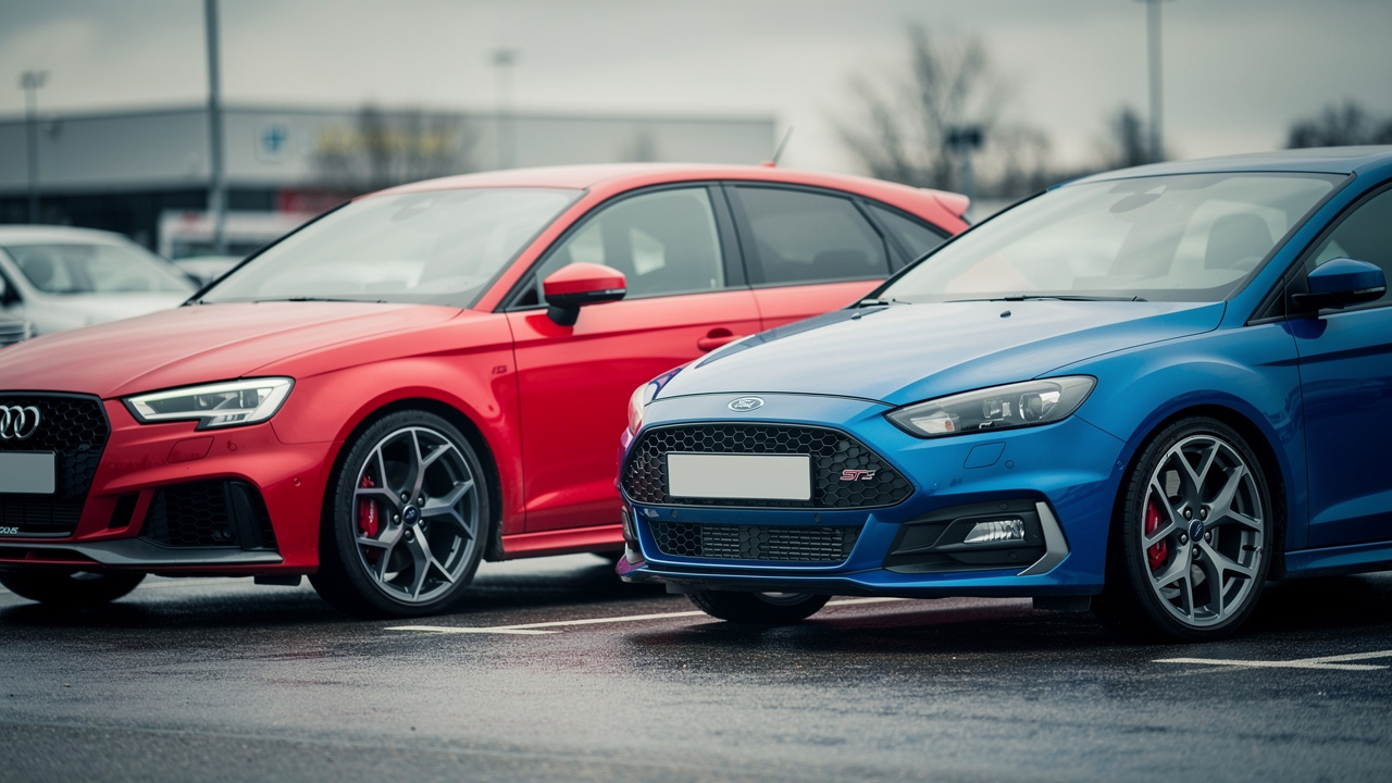 Deux compactes sportives d’occasion garées côte à côte sur un parking, avec mise au point sur une Audi RS3 Sportback rouge et une Ford Focus ST bleue, vues en angle avant.