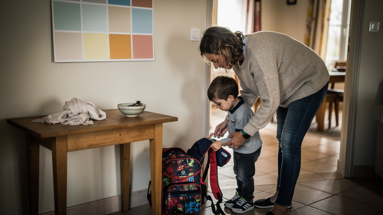 Une femme garde un jeune garçon à domicile après l’école, près de son cartable, avec un calendrier mural visible dans une maison chaleureuse.